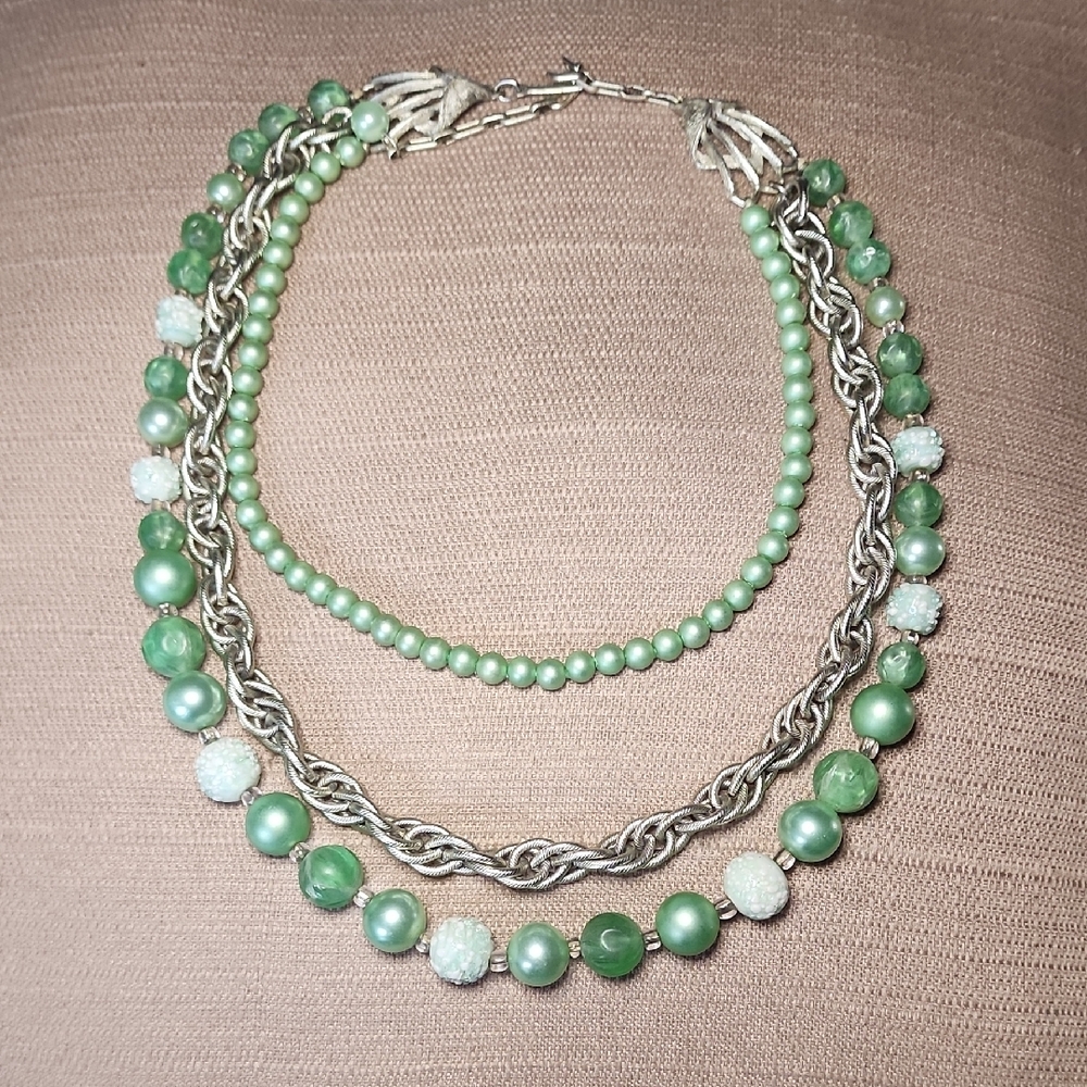 Mint Green and White Multi-Strand Necklace with Intricate Silver Chain